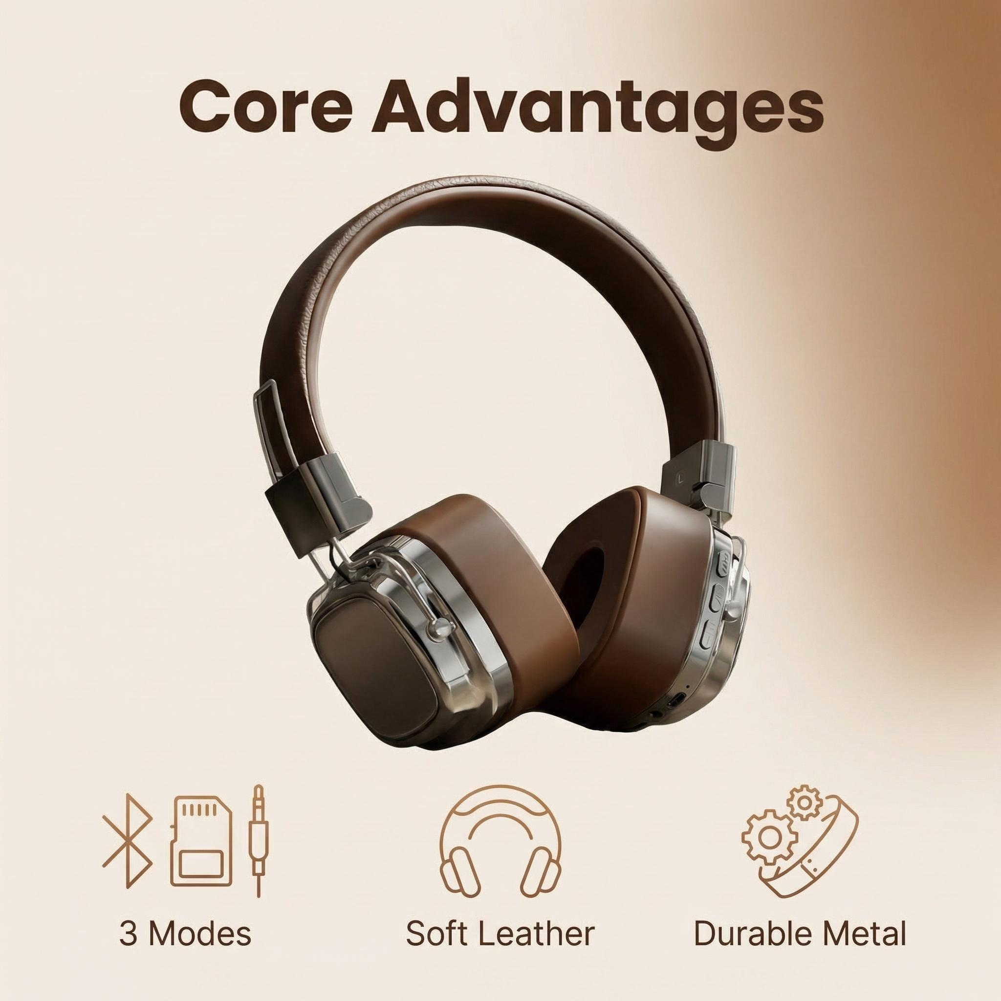 Bluetooth Headset On Ear - Auriculares Retro de Cuero con Cable,